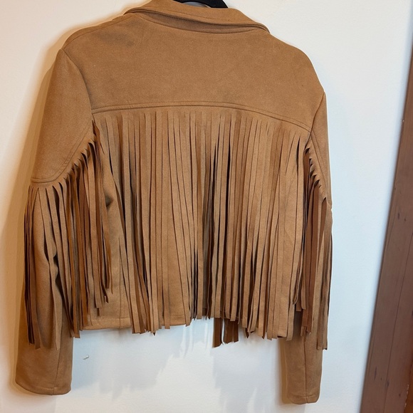 Chartou Women's Tan Fringe Faux Suede Jacket, L- Western, Cropped Moto, Fringe - Picture 6 of 7